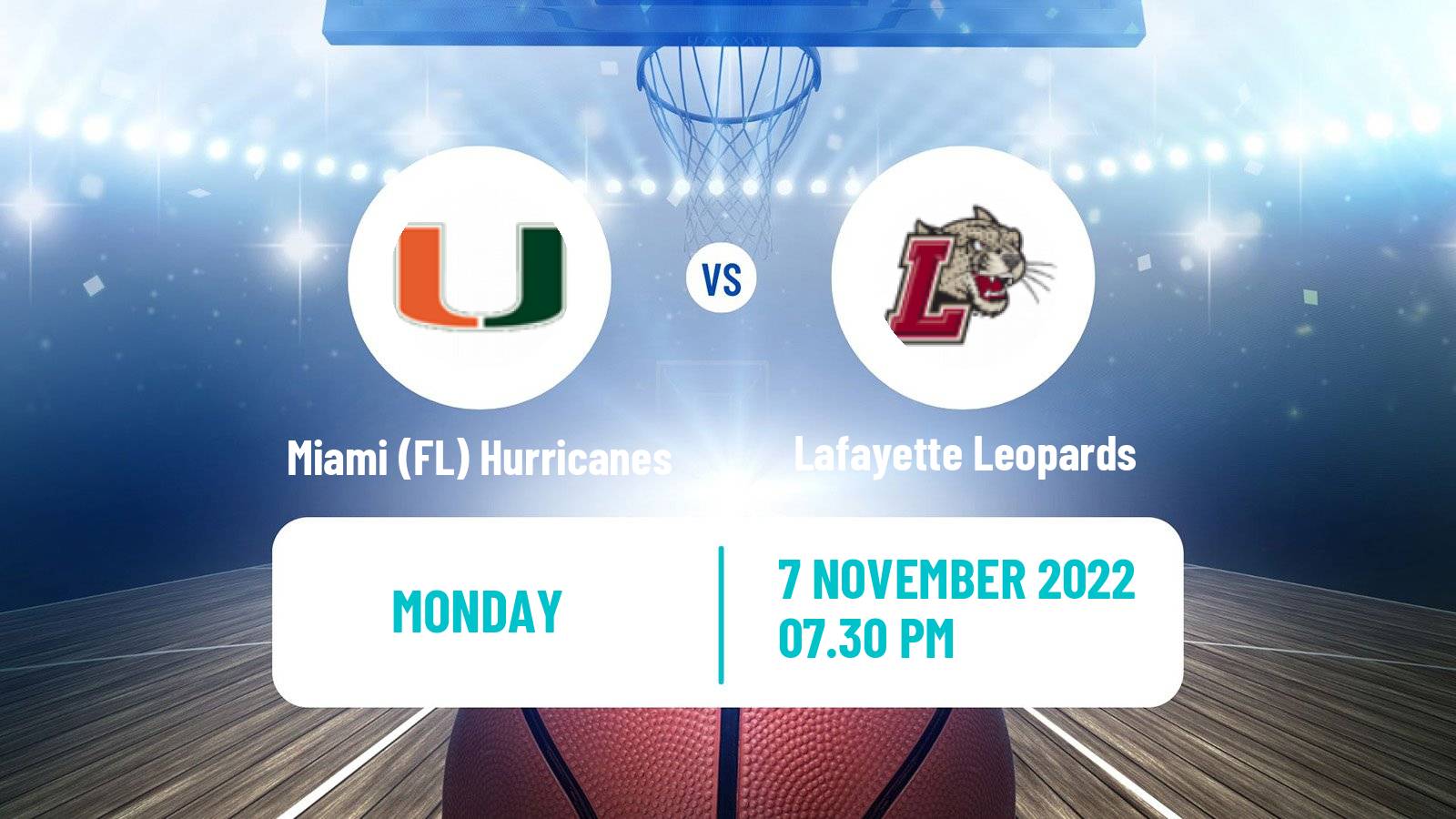 Basketball NCAA College Basketball Miami FL Hurricanes - Lafayette Leopards