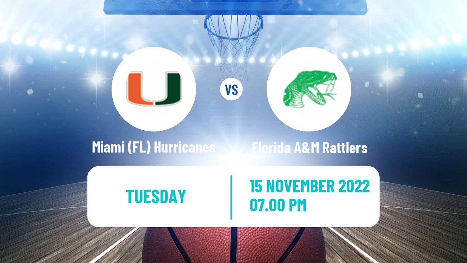 Basketball NCAA College Basketball Miami FL Hurricanes - Florida A&M Rattlers