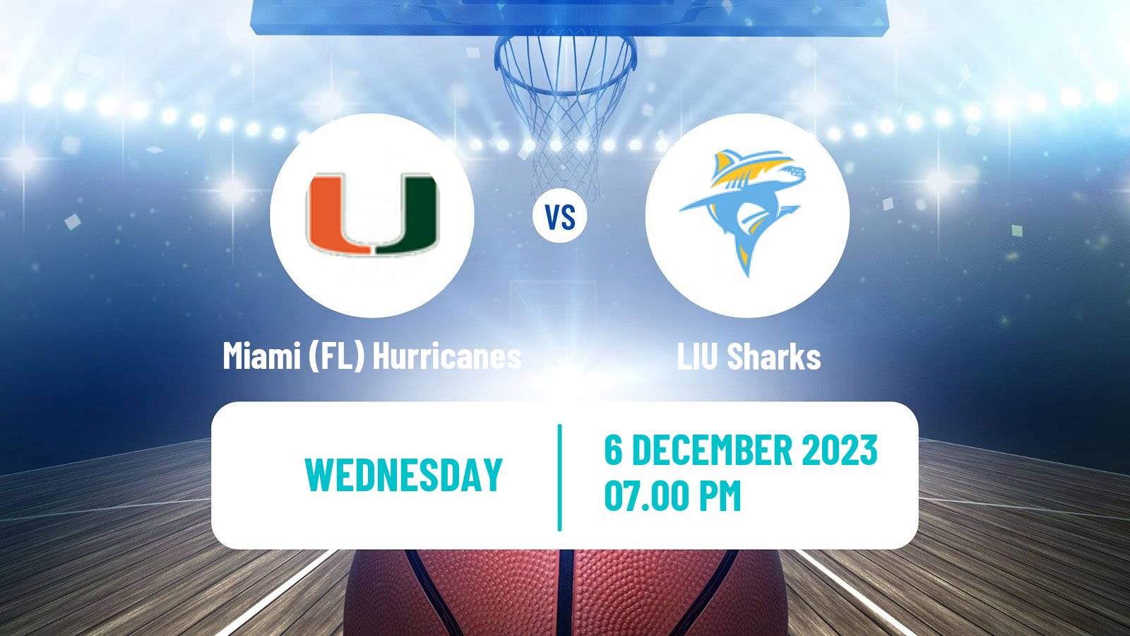 Basketball NCAA College Basketball Miami FL Hurricanes - LIU Sharks