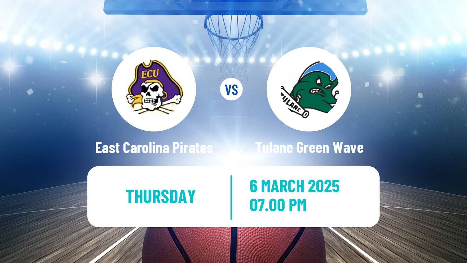 Basketball NCAA College Basketball East Carolina Pirates - Tulane Green Wave