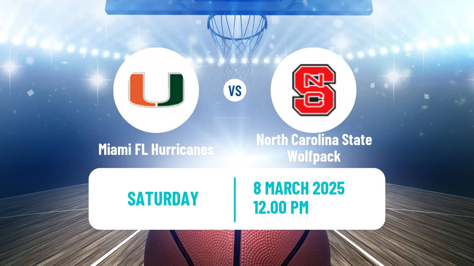Basketball NCAA College Basketball Miami FL Hurricanes - North Carolina State Wolfpack